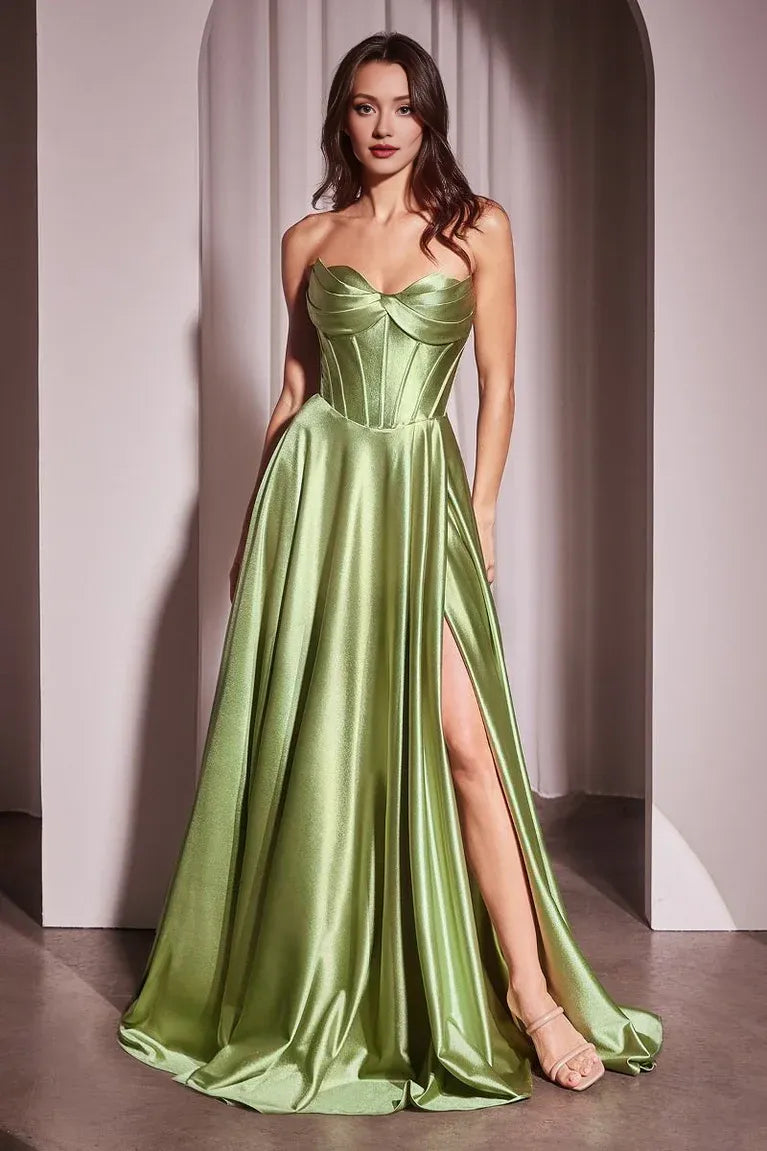 Robe Weitese sophistiquée en satin vert olive, sans bretelles, plissée, fente haute, capturant une grâce intemporelle, robe de bal